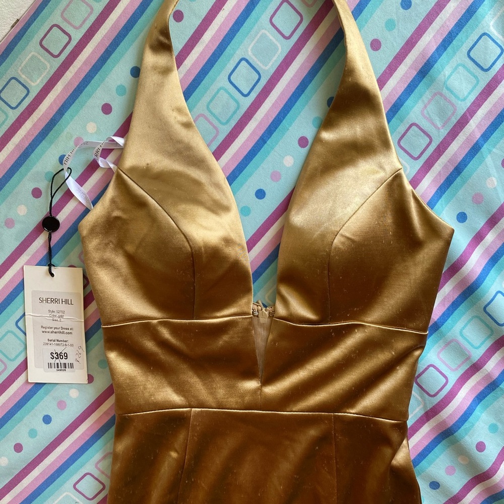 Sherri Hill gold satin pageant gown
